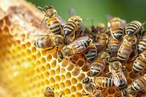 Honig Bienen auf Bienenwabe im Bienenhaus im Sommer, Honig Bienen kommunizieren mit jeder andere, ai generativ foto