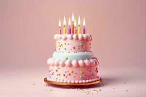 bunt Geburtstag Kuchen auf Pastell- Hintergrund. Süss und köstlich glücklich Geburtstag Kuchen, Kopieren Raum. Feier Konzept. ai generativ foto