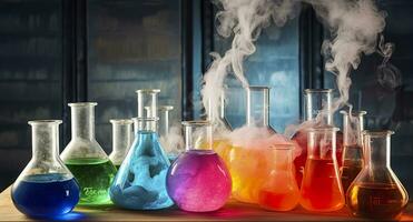 Chemie Experiment mit Labor Flaschen. ai generativ foto