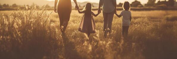 glücklich Familie Mutter Vater und Tochter gehen auf Natur auf Sonnenuntergang halt Hand. ai generativ foto