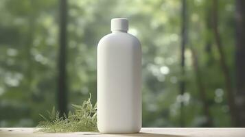 natürlich kosmetisch Produkt Präsentation hinter den Kulissen. draußen Wald Platzierung. Weiß leer Krug Shampoo Flasche. 3d. ai generativ foto