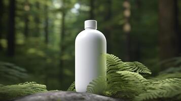 natürlich kosmetisch Produkt Präsentation hinter den Kulissen. draußen Wald Platzierung. Weiß leer Krug Shampoo Flasche. 3d. ai generativ foto