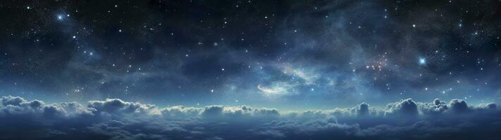 Panorama dunkel Blau Nacht Himmel, milchig Weg und Sterne auf dunkel Hintergrund, Universum gefüllt mit Sterne, Nebel und Galaxis, ai generativ foto