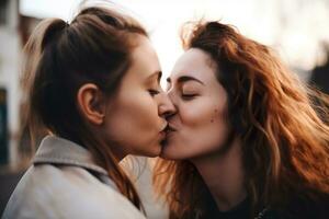 zwei jung Frauen Ausgaben Zeit zusammen, küssen. LGBT, Lesben Paar, Beziehung. Diversität, Homosexualität. Partner mit nicht traditionell Sexual- Orientierung. sinnlich Moment. generativ ai. foto