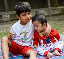 zwei glücklich Jungs im Gesellschaft Park, glücklich asiatisch Brüder Wer sind lächelnd glücklich zusammen. Brüder abspielen draußen im Sommer, Beste Freunde. Kleinkind Baby Junge spielen mit seine glücklich Bruder im das Garten foto