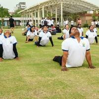 Neu Delhi, Indien, Juni 21, 2023 - - Gruppe Yoga Übung Session zum Menschen beim Yamuna Sport Komplex im Delhi auf International Yoga Tag, groß Gruppe von Erwachsene Teilnahme Yoga Klasse im Kricket Stadion foto