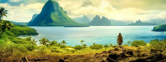 einsam verschollen auf ein verlassen, unbewohnt tropisch Insel, Banner gemacht mit generativ ai foto
