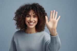 afrikanisch amerikanisch jung Frau os winken Hand und Gruß jemandem auf Exemplar. ai generativ foto