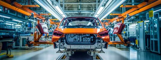 modern Technologie, Automatisierung Linie im ein Fabrik zum das Produktion von Autos, Banner gemacht mit generativ ai foto