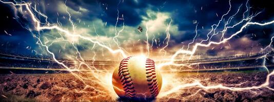 abstrakt Baseball Ball im ein bunt Explosion von Feuer Energie und Bewegung, Sport Leistung, Banner gemacht mit generativ ai foto