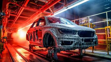 automatisiert Auto Gemälde Linie im das Fabrik, gemacht mit generativ ai foto