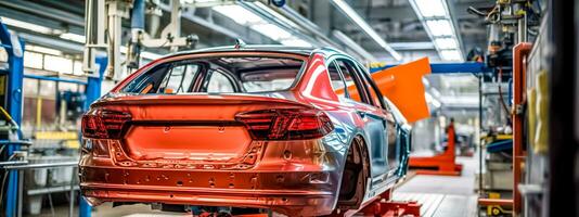 Automatisierung Linie im ein Fabrik zum das Produktion von Neu modern Autos, gemacht mit generativ ai foto