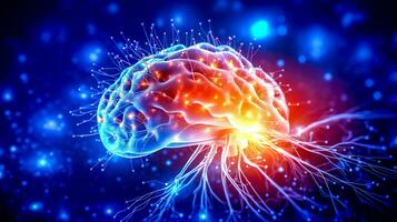 Wissenschaft neural Netzwerke im das Gehirn, Neon- Beleuchtung, Denken und Intelligenz, gemacht mit generativ ai foto