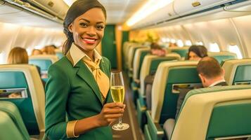 lächelnd Stewardess mit ein Glas von Champagner im Hand auf Tafel das Ebene, gemacht mit generativ ai foto