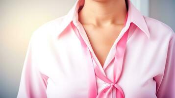 Brust Krebs Bewusstsein Monat, jung Frau im ein Rosa Hemd mit ein Band auf ihr Brust, gemacht mit generativ ai foto