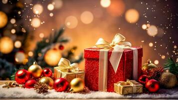Geschenk Box gebunden mit ein Bogen mit ein Weihnachten gegenwärtig, rot und Gold Dekorationen, gemacht mit generativ ai foto