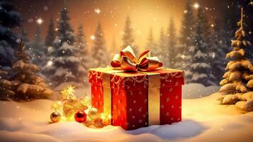 Geschenk Box gebunden mit ein Bogen mit ein Weihnachten gegenwärtig, gemacht mit generativ ai foto