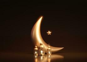 3d Ramadan Laterne, Iftar, eid Halbmond Mond, Kanonenkugeln, Text Raum im braun Hintergrund. 3d Rendern foto