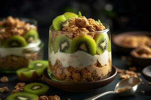 Joghurt Granola Parfait mit geschnitten Nüsse und frisch Kiwi Früchte im ein Glas Krug auf dunkel Hintergrund. generativ ai. foto