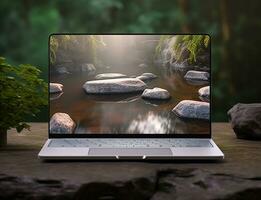 Laptop Attrappe, Lehrmodell, Simulation Vorlage mit Anzeige Bildschirm mit Natur Hintergrund, generativ ai foto