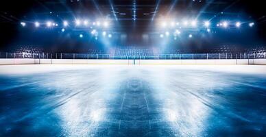 Eishockey Stadion, leeren Sport Arena mit Eis Eisbahn, kalt Hintergrund mit hell Beleuchtung - - ai generiert Bild foto