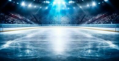 Eishockey Stadion, leeren Sport Arena mit Eis Eisbahn, kalt Hintergrund mit hell Beleuchtung - - ai generiert Bild foto