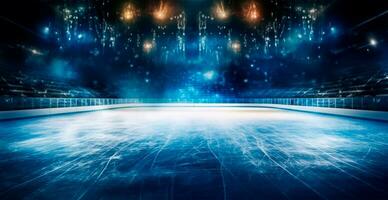 Eishockey Stadion, leeren Sport Arena mit Eis Eisbahn, kalt Hintergrund mit hell Beleuchtung - - ai generiert Bild foto