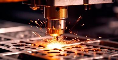 industriell Laser- Schneiden Technologie, Funke eben Stahl Blatt Herstellung Technologie - - ai generiert Bild foto