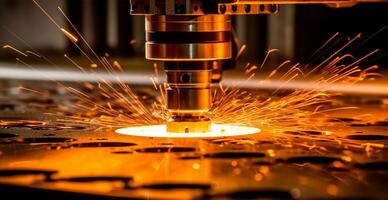 industriell Laser- Schneiden Technologie, Funke eben Stahl Blatt Herstellung Technologie - - ai generiert Bild foto