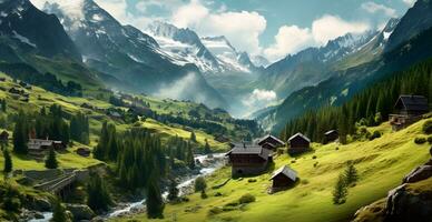 schön Sommer- nebelig Landschaft im das Berge von das Alpen, Reise im das Berge - - ai generiert Bild foto