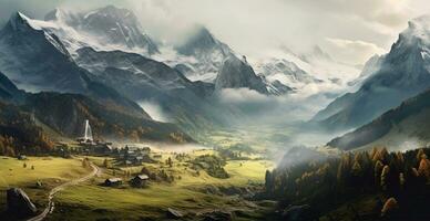 schön Sommer- nebelig Landschaft im das Berge von das Alpen, Reise im das Berge - - ai generiert Bild foto