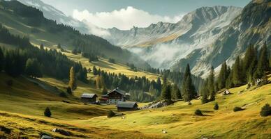 schön Sommer- nebelig Landschaft im das Berge von das Alpen, Reise im das Berge - - ai generiert Bild foto