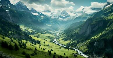 schön Sommer- nebelig Landschaft im das Berge von das Alpen, Reise im das Berge - - ai generiert Bild foto