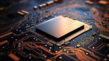 Computer Chip einstellen auf Tafel. Technologie und Hallo Technik Hintergrund Konzept. generativ ai foto