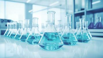 Labor Flaschen enthalten chemisch Flüssigkeit auf Weiß Tabelle im Labor Zimmer. medizinisch Forschung und Chemie Studie Konzept. generativ ai foto