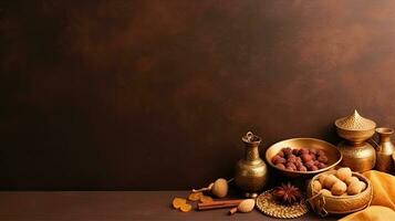Ramadan Konzept Design von und Essen auf Pastell- Hintergrund, ai generativ foto