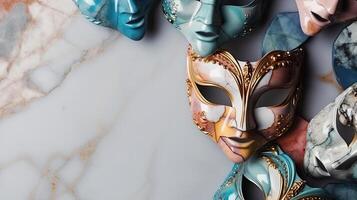 oben Aussicht Konzept Design von Karneval Masken, und Karneval Ornamente zum Karneval Banner, ai generativ foto