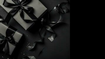 schwarz Freitag Verkauf Banner oben Aussicht Konzept Design von Geschenk Box und schwarz Band auf schwarz Hintergrund, ai generativ foto
