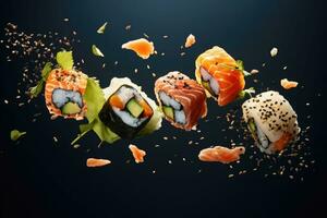 schweben Sushi und Rollen. fliegend Sushi Stücke. generativ ai foto