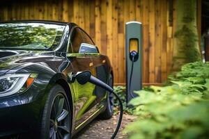 elektrisch Auto und Zuhause ev Ladegerät, erstellt mit generativ ai foto