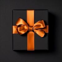 oben Aussicht beim schwarz Geschenk Box mit Orange Band, erstellt mit generativ ai foto