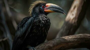 schließen oben Nashornvogel Vogel mit schwarz Flügel auf ein Baum mit verschwommen Hintergrund, ai generativ foto