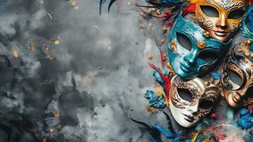 Karneval Banner Konzept Design von Karneval Masken, und Karneval Ornamente zum Banner Hintergrund, ai generativ foto