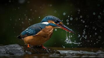 Nahansicht Fluss Eisvogel Vogel ist Jagd Über Fluss mit verwischen Hintergrund, ai generativ foto