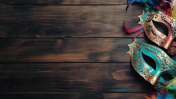 Karneval Banner mit Karneval Masken, und Karneval Ornamente auf Holz Hintergrund, ai generativ foto