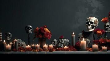 Tag von das tot mit Schädel, Kerzen und Blumen auf schwarz Hintergrund, ai generativ foto