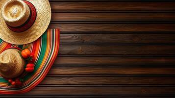 cinco de Mayo mit runden Hut und cinco de Mayo Ornament auf Holz Hintergrund, ai generativ foto