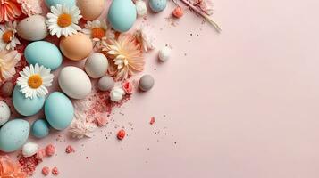 glücklich Ostern Tag mit bunt Eier und Blumen auf Pastell- Hintergrund, ai generativ foto