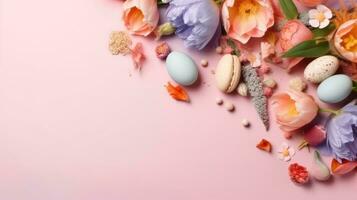 glücklich Ostern Tag mit bunt Eier und Blumen auf Pastell- Hintergrund, ai generativ foto