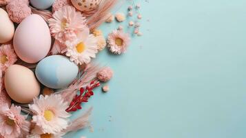 oben Aussicht von glücklich Ostern Tag Banner Konzept Design von bunt Eier und Blumen auf Pastell- Hintergrund, ai generativ foto